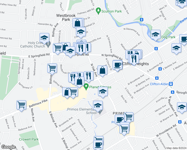 map of restaurants, bars, coffee shops, grocery stores, and more near 45 North Oak Avenue in Clifton Heights