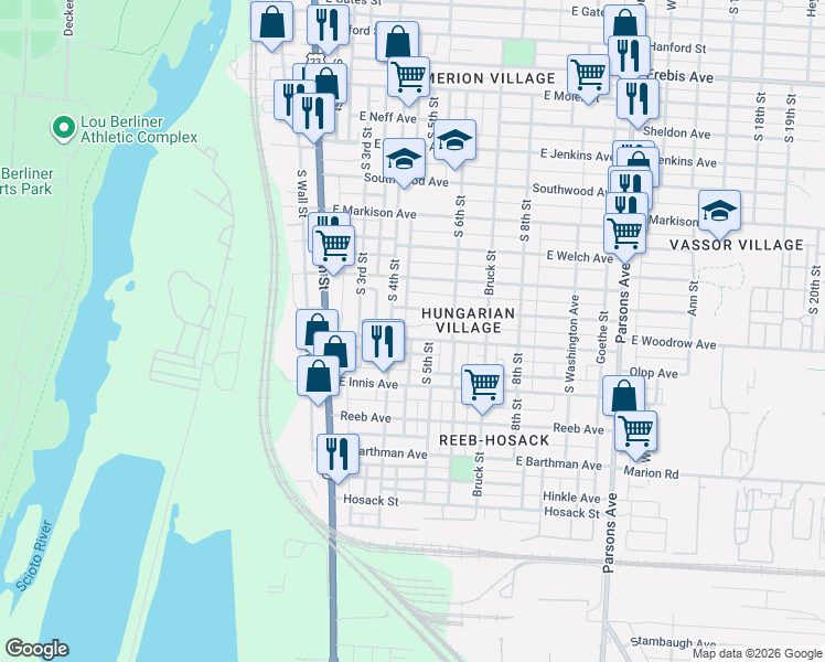 map of restaurants, bars, coffee shops, grocery stores, and more near 140 East Hinman Avenue in Columbus