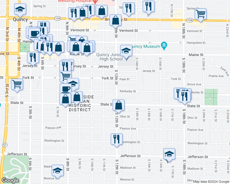 map of restaurants, bars, coffee shops, grocery stores, and more near 322 South 12th Street in Quincy