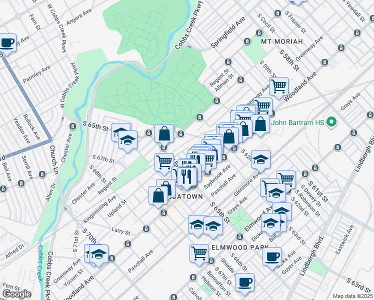 map of restaurants, bars, coffee shops, grocery stores, and more near 6314 Kingsessing Avenue in Philadelphia
