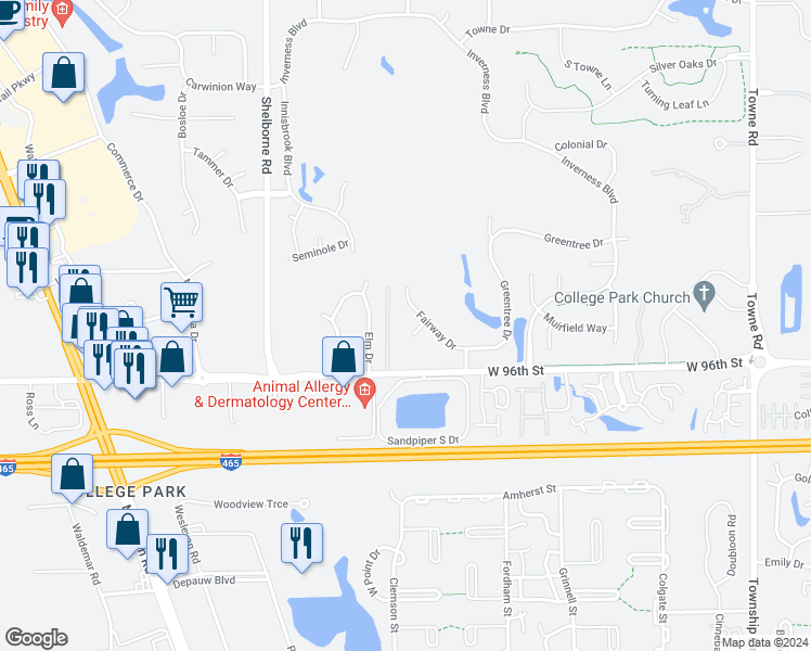 map of restaurants, bars, coffee shops, grocery stores, and more near 3217 Dogwood Lane in Carmel