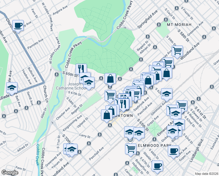 map of restaurants, bars, coffee shops, grocery stores, and more near S 65th St & Kingsessing Ave in Philadelphia