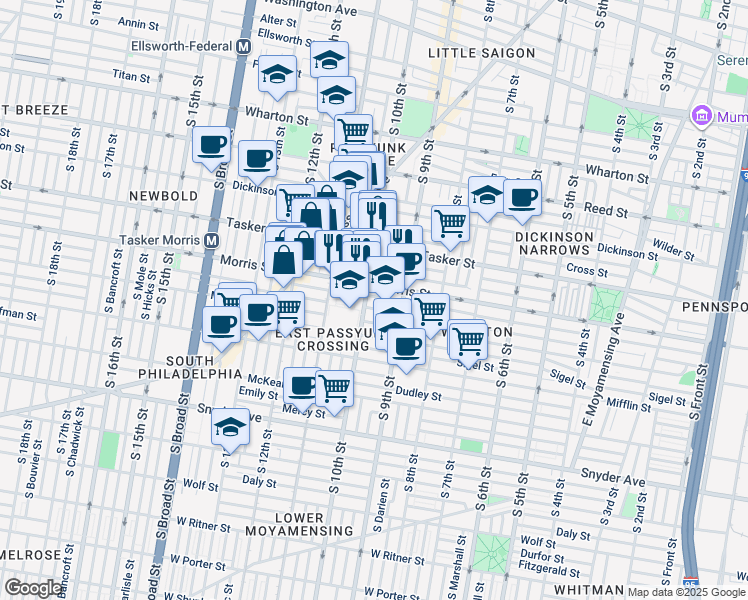 map of restaurants, bars, coffee shops, grocery stores, and more near 934 Watkins Street in Philadelphia