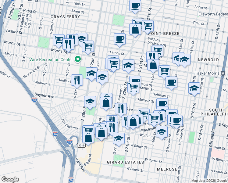 map of restaurants, bars, coffee shops, grocery stores, and more near 1910 South Bonsall Street in Philadelphia
