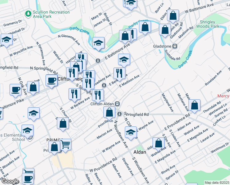 map of restaurants, bars, coffee shops, grocery stores, and more near 104 East Madison Avenue in Clifton Heights