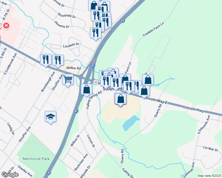 map of restaurants, bars, coffee shops, grocery stores, and more near 1232 Lincoln Way East in Chambersburg