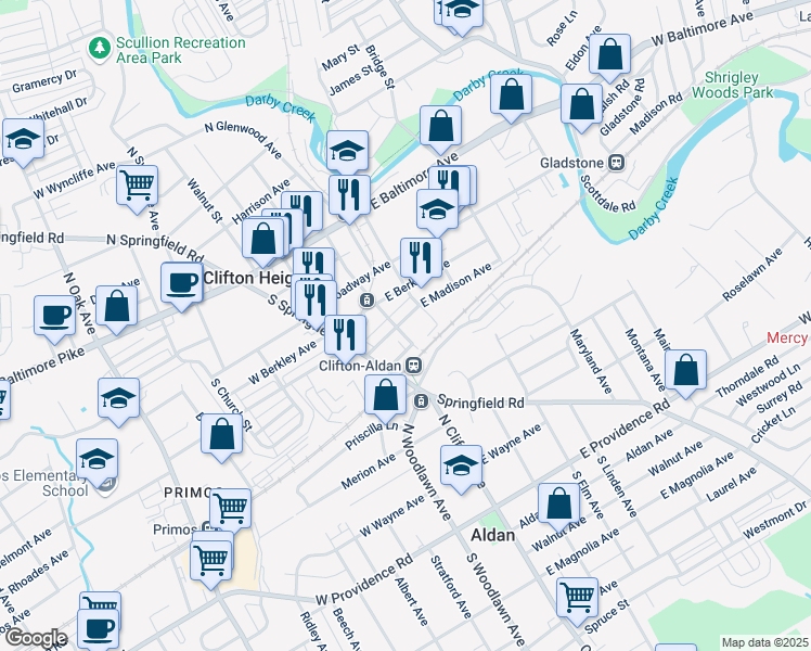 map of restaurants, bars, coffee shops, grocery stores, and more near 104 East Madison Avenue in Clifton Heights