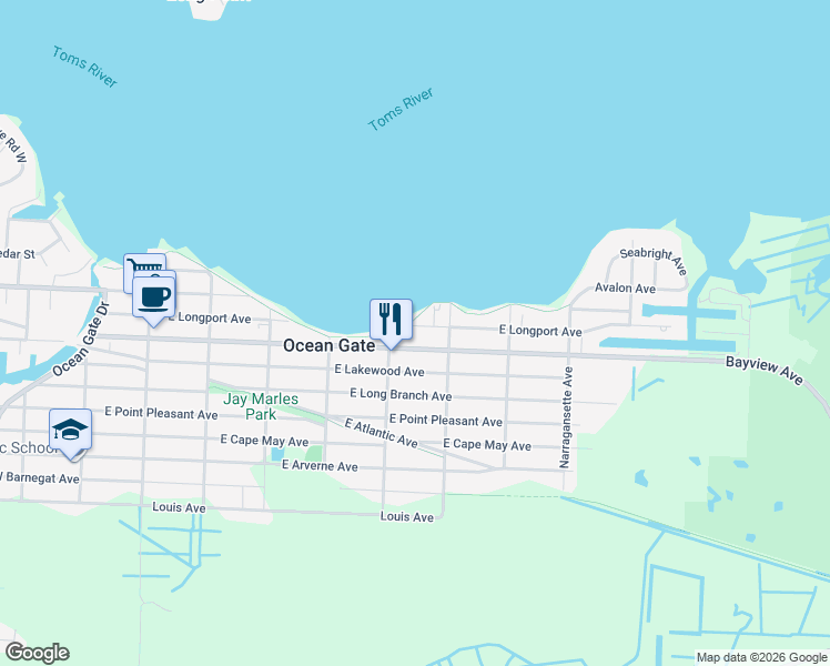 map of restaurants, bars, coffee shops, grocery stores, and more near 430 East Riviera Avenue in Ocean Gate