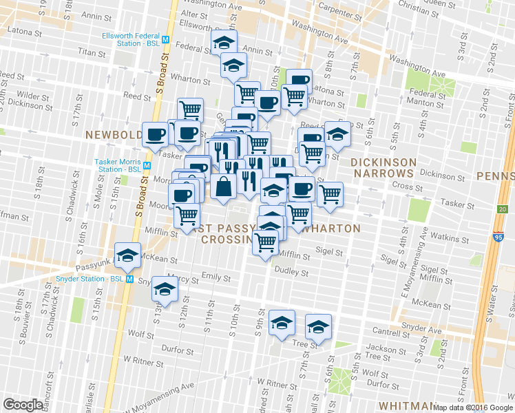 map of restaurants, bars, coffee shops, grocery stores, and more near 1715 S 10th St in Philadelphia
