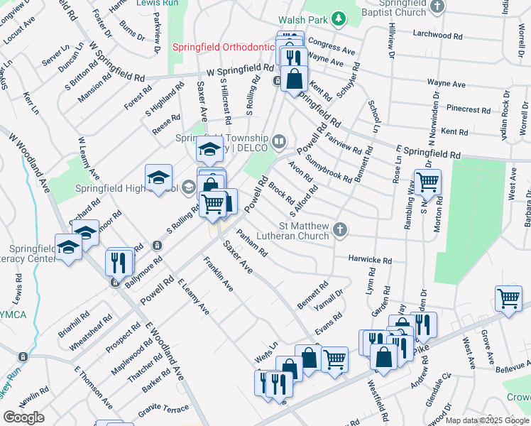 map of restaurants, bars, coffee shops, grocery stores, and more near 219 Sedgewood Road in Springfield