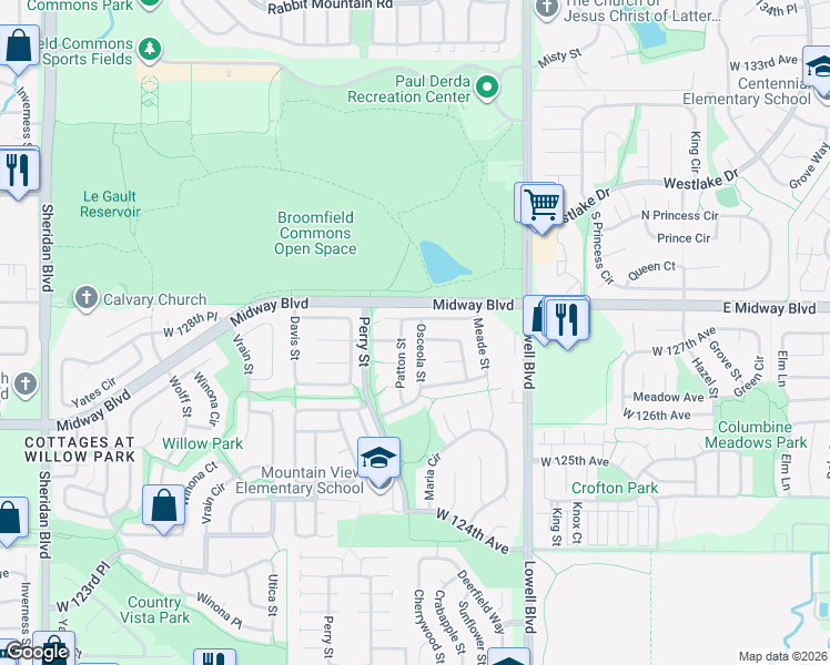 map of restaurants, bars, coffee shops, grocery stores, and more near 3915 West 127th Avenue in Broomfield