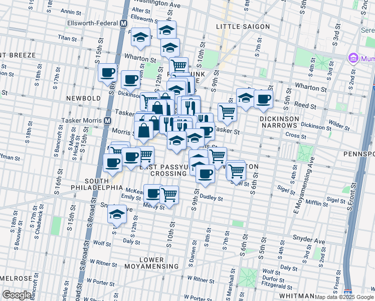 map of restaurants, bars, coffee shops, grocery stores, and more near 1715 S 10th St in Philadelphia