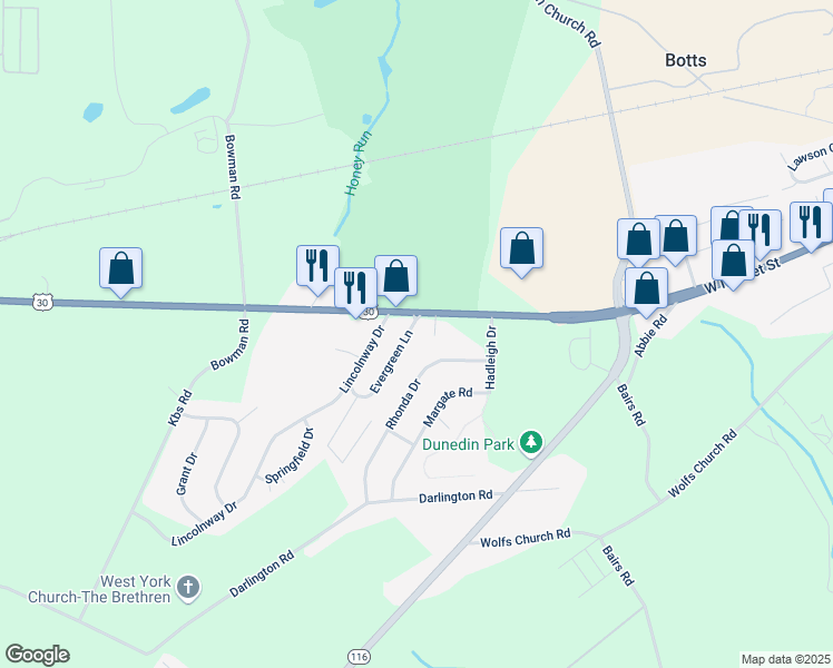 map of restaurants, bars, coffee shops, grocery stores, and more near 21 Evergreen Lane in York