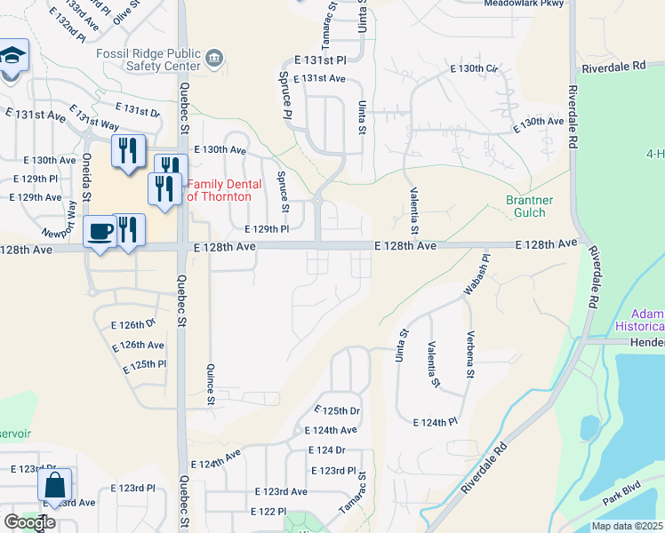 map of restaurants, bars, coffee shops, grocery stores, and more near 12754 Tamarac Street in Thornton