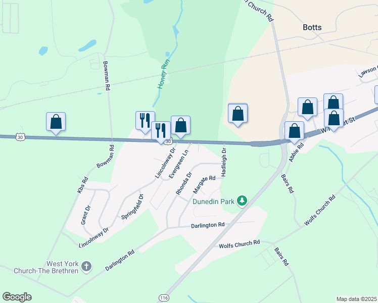 map of restaurants, bars, coffee shops, grocery stores, and more near 21 Evergreen Lane in York