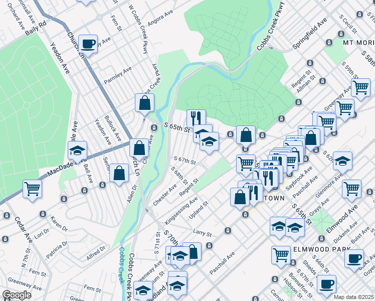 map of restaurants, bars, coffee shops, grocery stores, and more near 6526 Windsor Street in Philadelphia