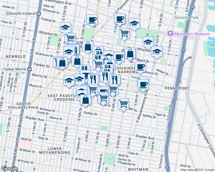 map of restaurants, bars, coffee shops, grocery stores, and more near 637 Morris Street in Philadelphia