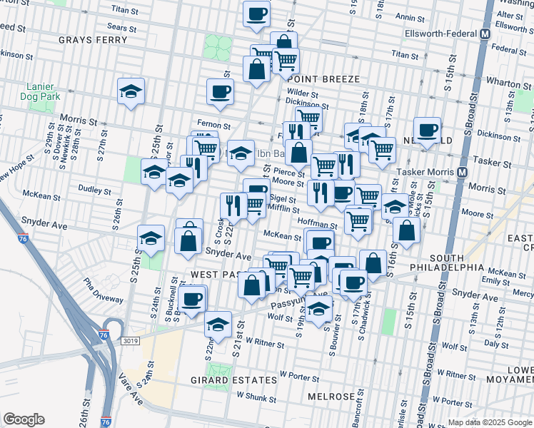map of restaurants, bars, coffee shops, grocery stores, and more near 1914 S Lambert St in Philadelphia