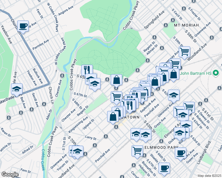 map of restaurants, bars, coffee shops, grocery stores, and more near 6332 Regent Street in Philadelphia