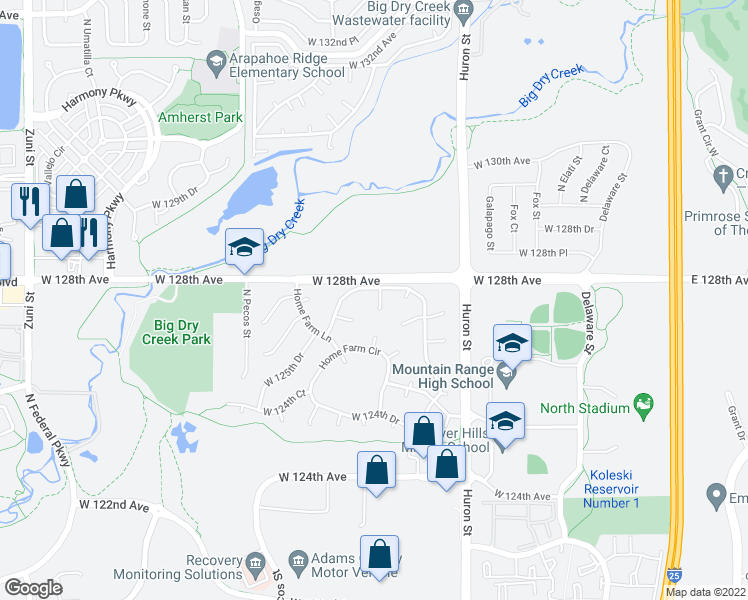 map of restaurants, bars, coffee shops, grocery stores, and more near 12725 Kalamath Court in Westminster