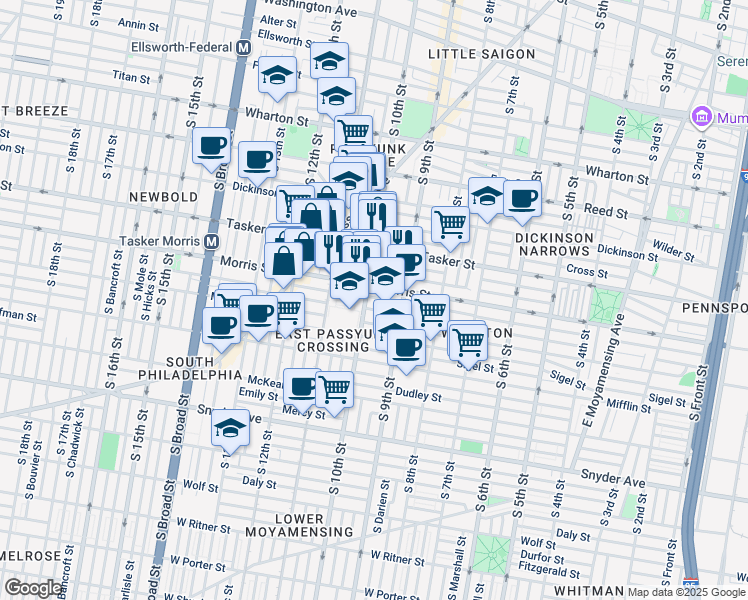 map of restaurants, bars, coffee shops, grocery stores, and more near 934 Watkins Street in Philadelphia