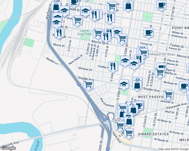 map of restaurants, bars, coffee shops, grocery stores, and more near 2023 South 28th Street in Philadelphia