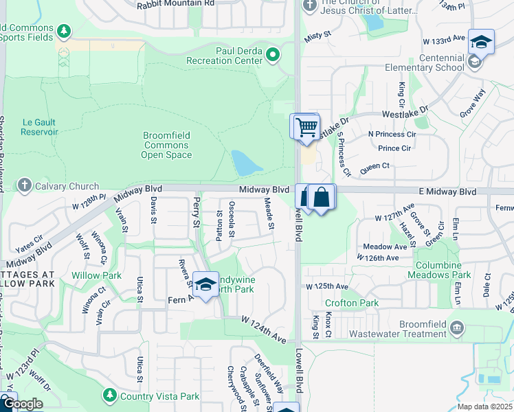 map of restaurants, bars, coffee shops, grocery stores, and more near 3785 Shefield Drive in Broomfield