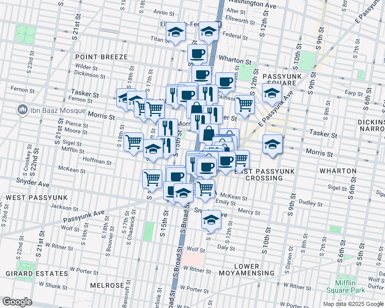 map of restaurants, bars, coffee shops, grocery stores, and more near 1402 Castle Avenue in Philadelphia