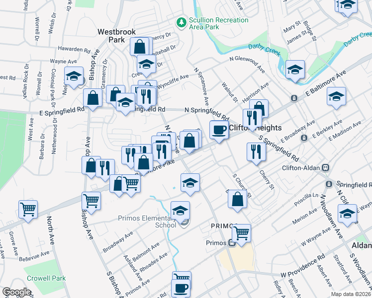 map of restaurants, bars, coffee shops, grocery stores, and more near 45 North Oak Avenue in Clifton Heights