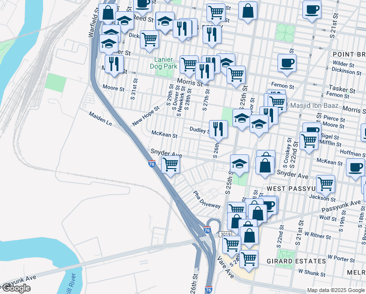 map of restaurants, bars, coffee shops, grocery stores, and more near 2023 South 28th Street in Philadelphia