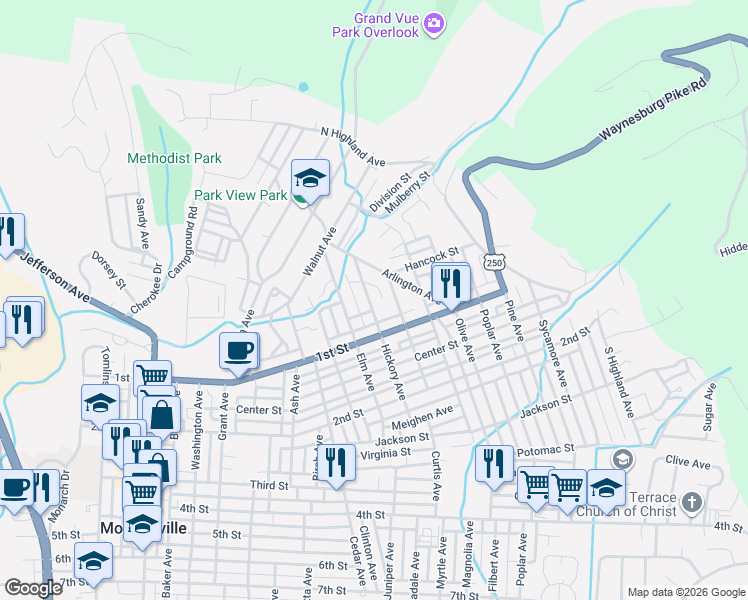 map of restaurants, bars, coffee shops, grocery stores, and more near 101 Arlington Ave in Moundsville