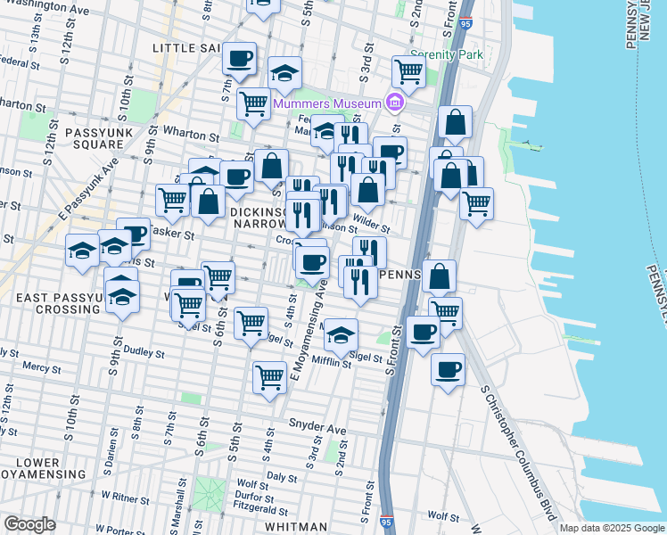 map of restaurants, bars, coffee shops, grocery stores, and more near 1605 East Moyamensing Avenue in Philadelphia