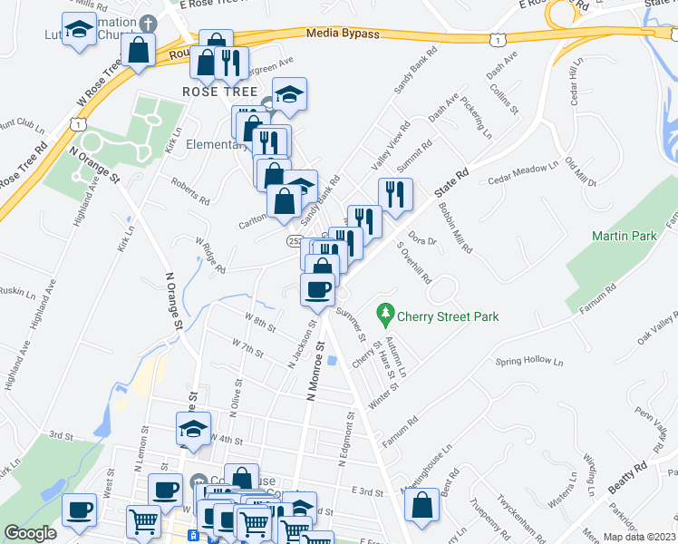 map of restaurants, bars, coffee shops, grocery stores, and more near 13 Greenhill Road in Media