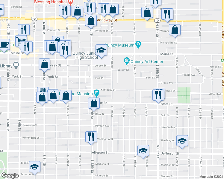 map of restaurants, bars, coffee shops, grocery stores, and more near 1401 Kentucky Street in Quincy