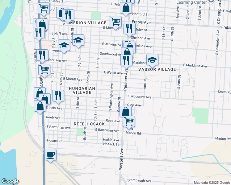 map of restaurants, bars, coffee shops, grocery stores, and more near 375 East Hinman Avenue in Columbus