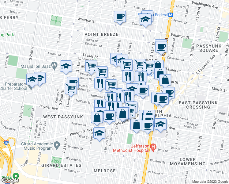 map of restaurants, bars, coffee shops, grocery stores, and more near 1738 Sigel Street in Philadelphia