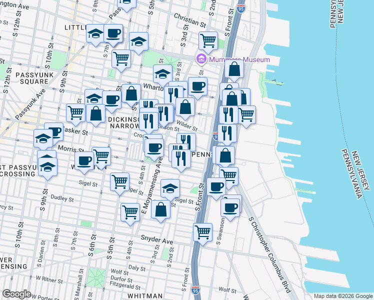 map of restaurants, bars, coffee shops, grocery stores, and more near Tasker St & S 2nd St in Philadelphia