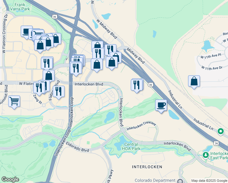 map of restaurants, bars, coffee shops, grocery stores, and more near 586 Interlocken Boulevard in Broomfield