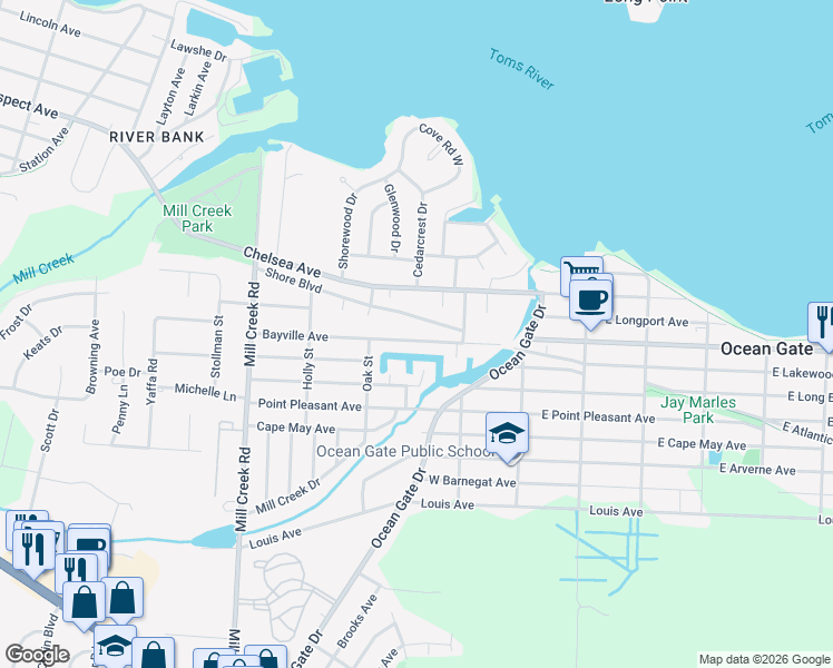 map of restaurants, bars, coffee shops, grocery stores, and more near 263 Shore Boulevard in Berkeley Township