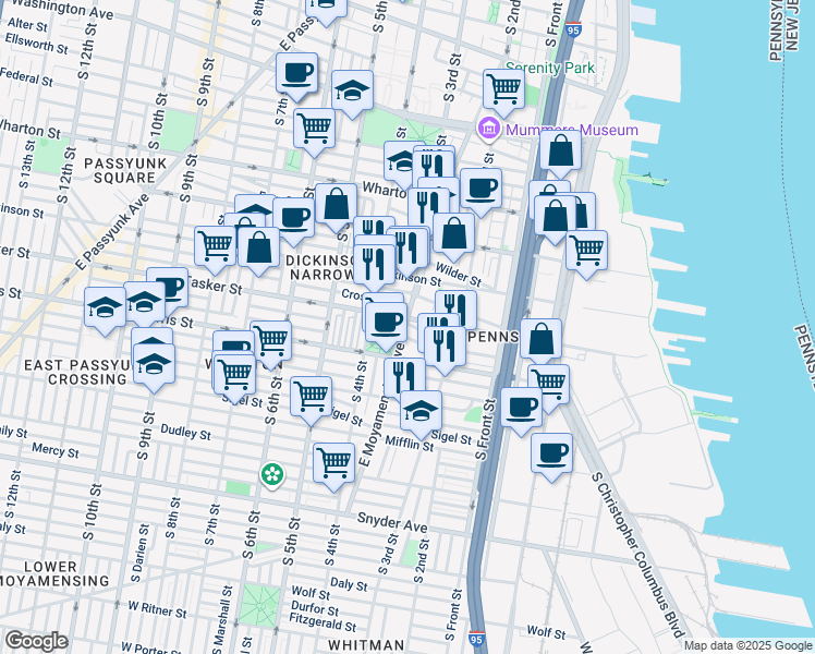 map of restaurants, bars, coffee shops, grocery stores, and more near 1619 East Moyamensing Avenue in Philadelphia