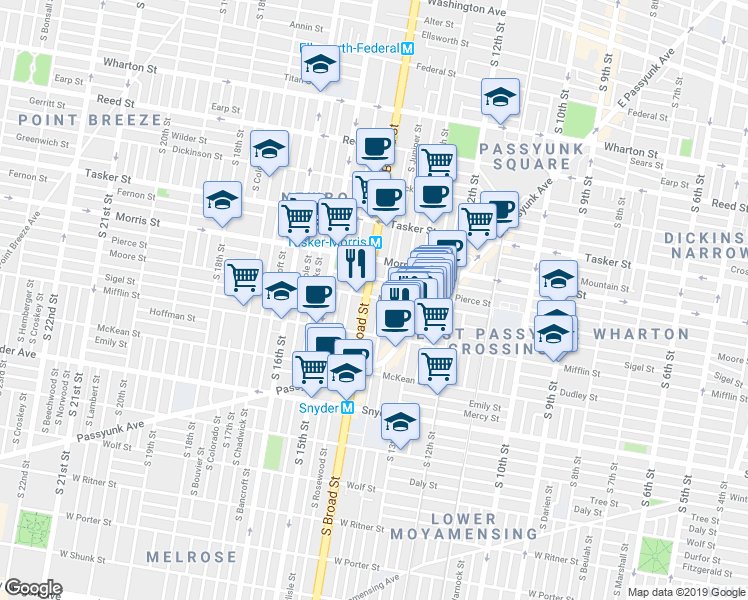 map of restaurants, bars, coffee shops, grocery stores, and more near 1344 Castle Avenue in Philadelphia