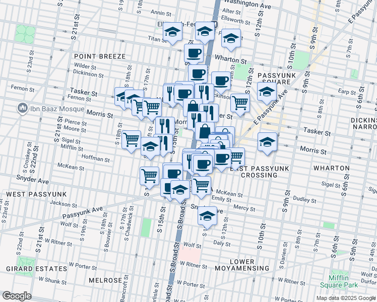 map of restaurants, bars, coffee shops, grocery stores, and more near 1402 Castle Avenue in Philadelphia