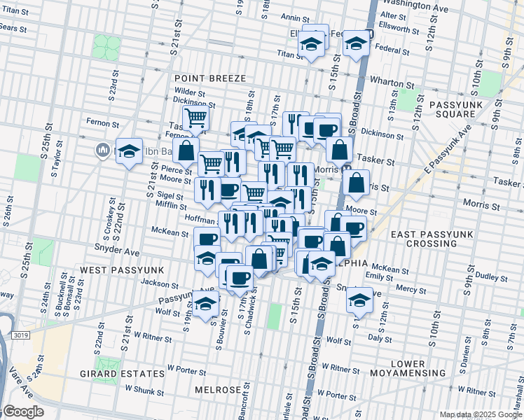 map of restaurants, bars, coffee shops, grocery stores, and more near 1831 South 17th Street in Philadelphia
