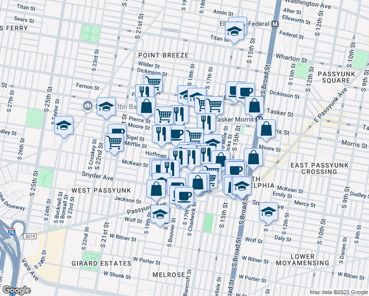 map of restaurants, bars, coffee shops, grocery stores, and more near 1738 Sigel Street in Philadelphia
