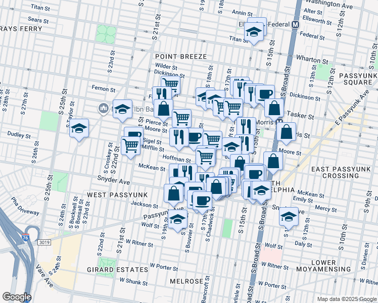 map of restaurants, bars, coffee shops, grocery stores, and more near 1812 South 18th Street in Philadelphia