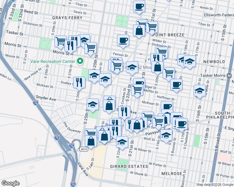 map of restaurants, bars, coffee shops, grocery stores, and more near 1910 South Bonsall Street in Philadelphia