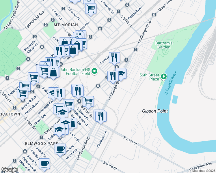 map of restaurants, bars, coffee shops, grocery stores, and more near 2515 South Wanamaker Street in Philadelphia