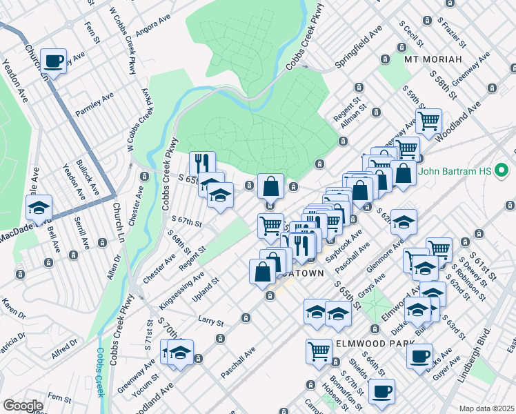 map of restaurants, bars, coffee shops, grocery stores, and more near 6332 Regent Street in Philadelphia