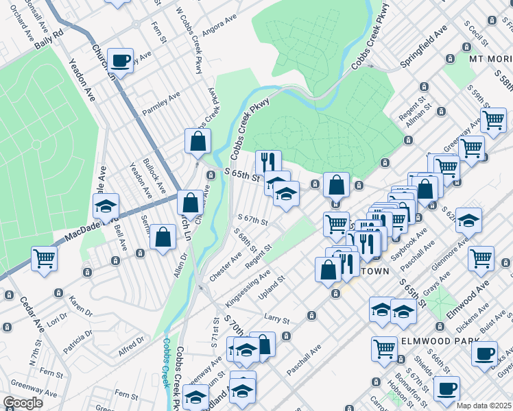 map of restaurants, bars, coffee shops, grocery stores, and more near 6526 Windsor Street in Philadelphia
