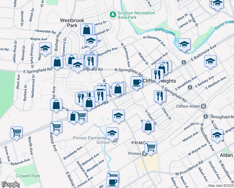 map of restaurants, bars, coffee shops, grocery stores, and more near 234 High Street in Clifton Heights